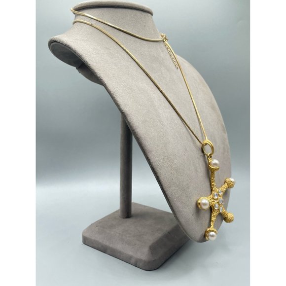 Vintage Signed CRAFT Seastar Necklace Starfish Gold Tone w Pearls & Rhinestones - Picture 9 of 15